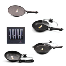 Poêle 20/24/32 cm, crêpière 28 cm et 6 couteaux titane Schumann