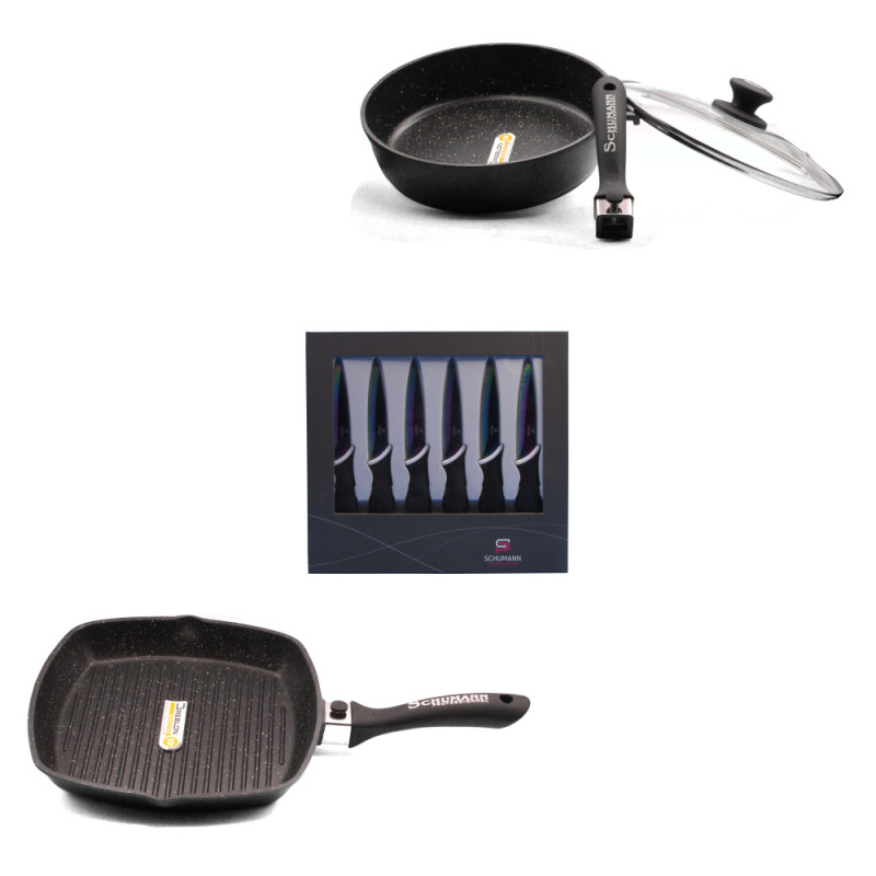 Sauteuse 28 cm + grill 28 cm en pierre, et 6 couteaux titane Schumann professionnel