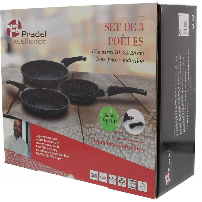 Set of 3 frying pans 20/24/28 Pradel | Chez l'aveyronnais