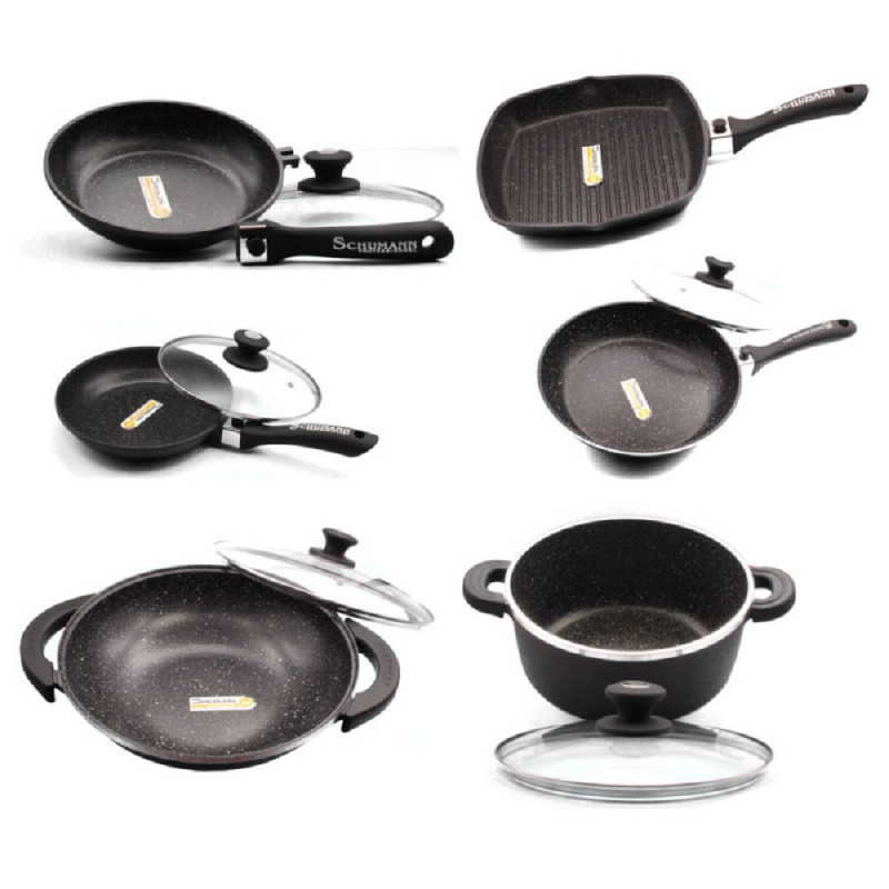 3 Poêles 20/24/28 cm + wok 32 cm + grill 28 cm + faitout 28 cm en pierre, Schumann